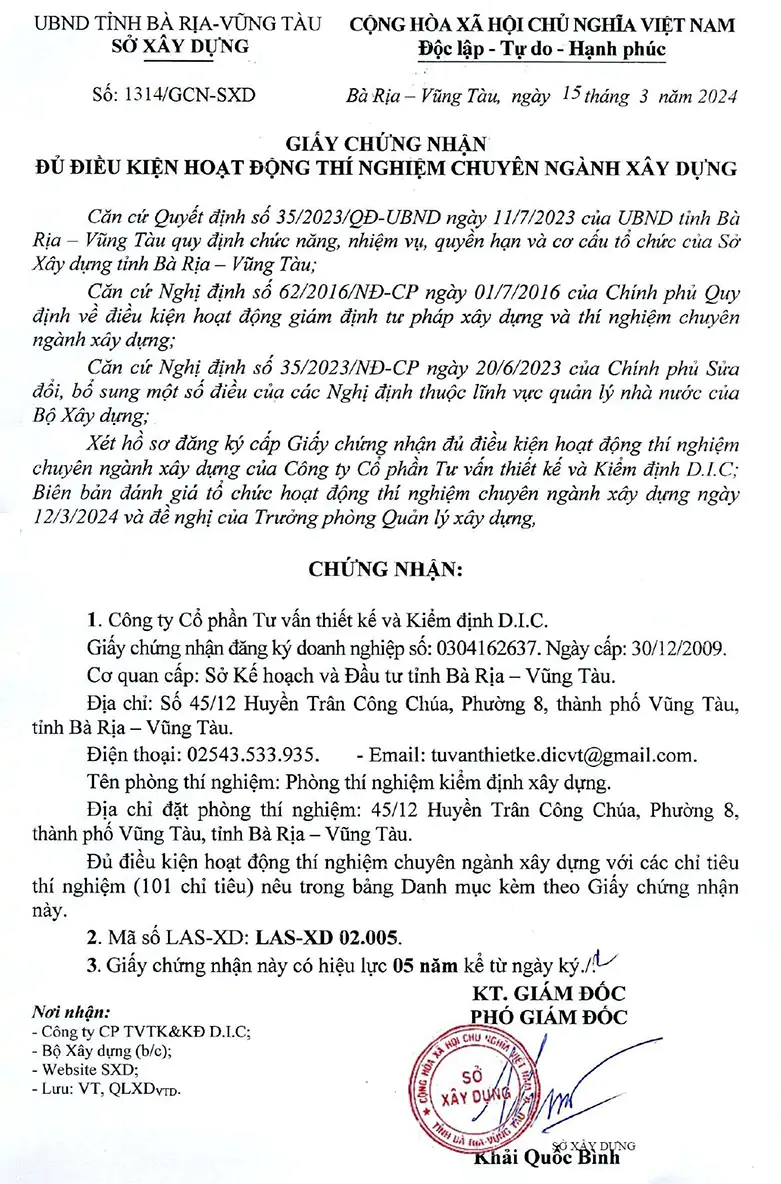 Giấy chứng nhận LAS: 02.005