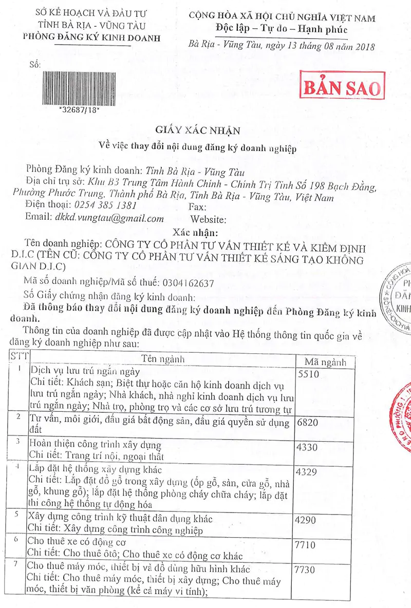 Giấy xác nhận thay đổi nội dung đăng ký doanh nghiệp