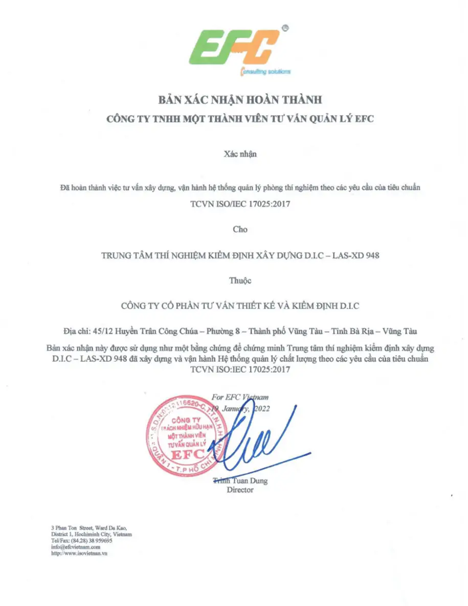 Bản xác nhận DIC THIẾT KẾ đã xây dựng và vận hành hệ thống quản lý chất lượng TCVN ISO:IEC 17025:2017